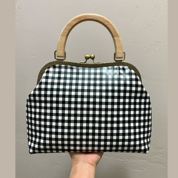 Handmade Genuine Leather Black & White Check Printed Wood Handle Satchel Bag - Picture 3 of 15